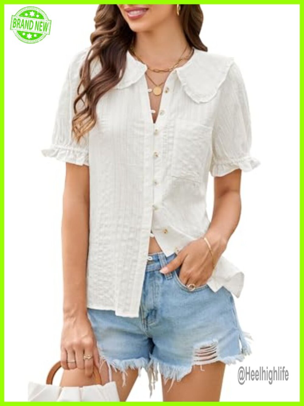 Womens Cotton Button Down Shirt Peter Pan Collar Frilled Short Sleeve Retro